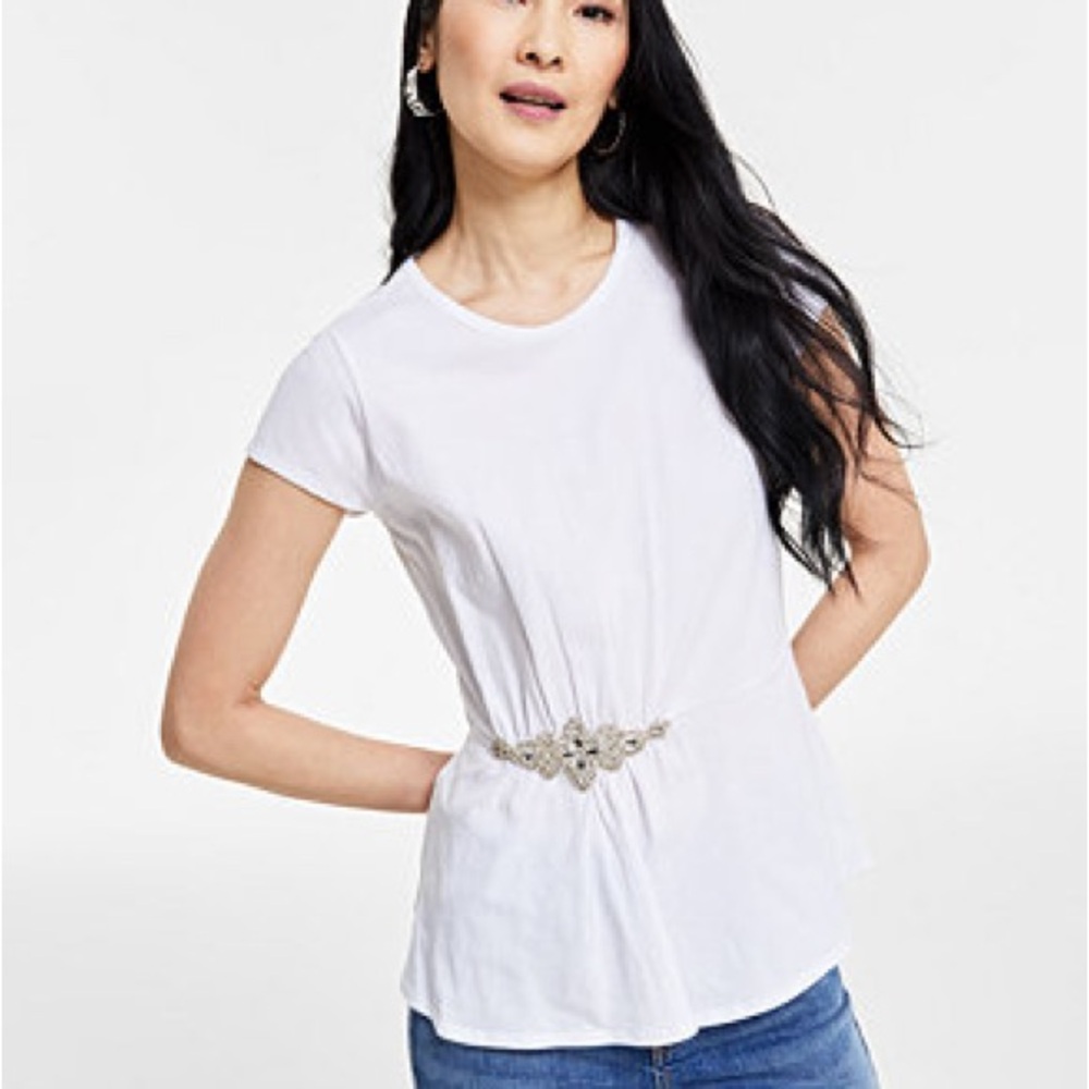 INC International Concepts White Short Sleeve Top with Embellishment